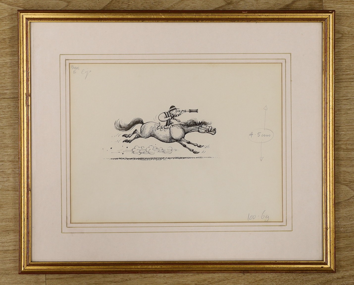 Norman Thelwell (1923-2004), original pen and ink illustration, 'Jockey fallen behind', annotated in pencil, 19 x 25cm